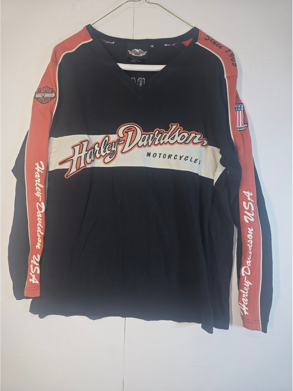 Harley Davidson Womens 1W XL Black Orange Sleeve Graphic Long Sleeve Shirt